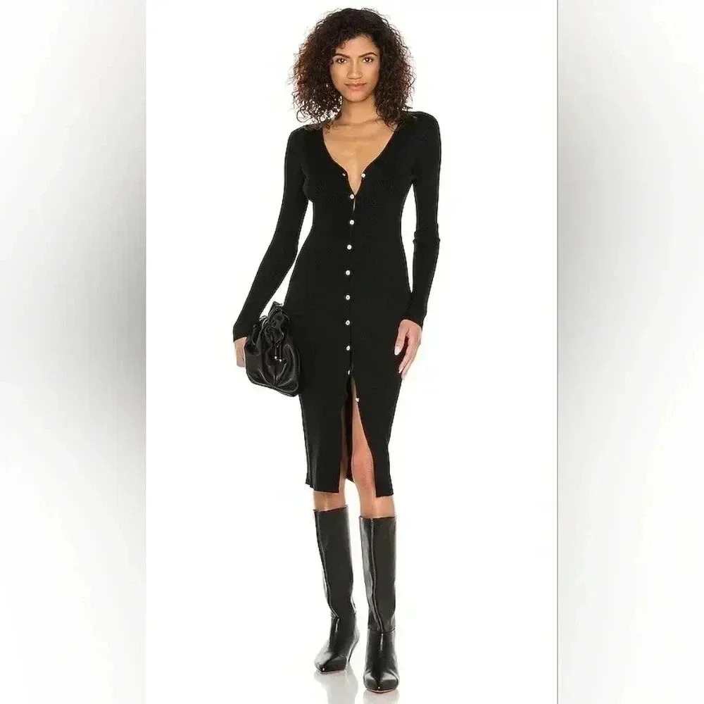Lovers + Friends Phoenix Dress Black Bodycon Knit Buttons Revolve